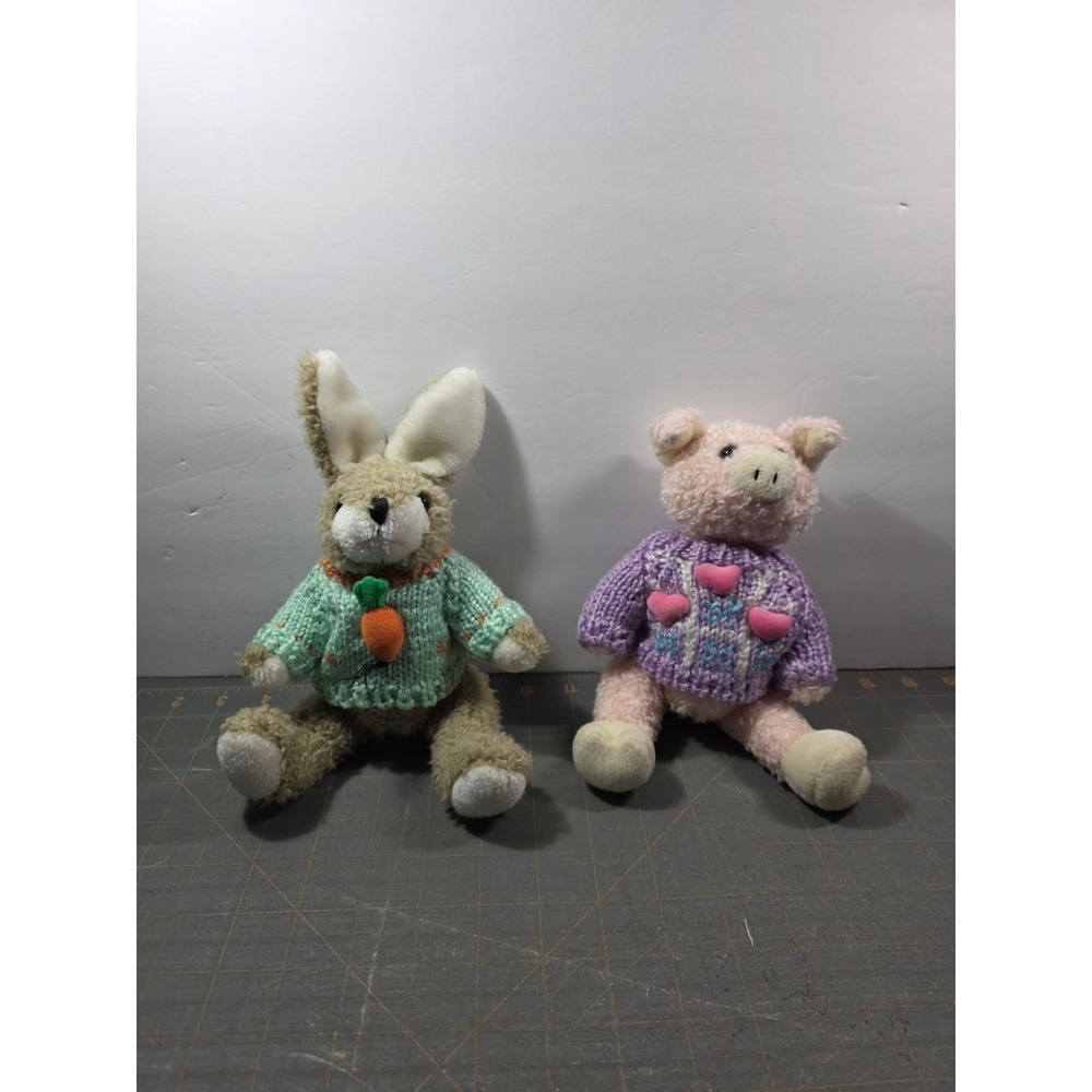 Hugfun Plush Bunny Pig Set Multi Color Knit Sweaters Vintage 1999 8-9"